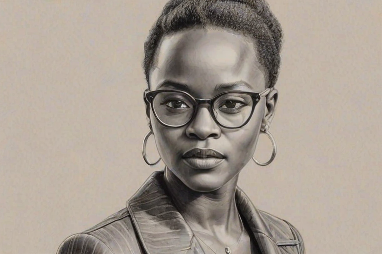 Lovely Lupita Nyong'o, pencil sketch, portrait of Enchanting woman 1960s in glasses, hair style beatnik, outline, clear lines, fine lines, 8k