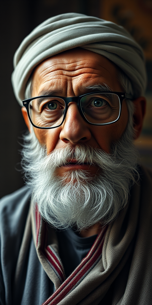 Create a hyper-realistic portrait of an elderly man with a beard and glasses, wearing traditional attire, in dramatic lighting with a soft focus background, using a DSLR camera with a 50mm lens, f/1.8 aperture, ISO 100, and a low angle view to enhance depth and detail.