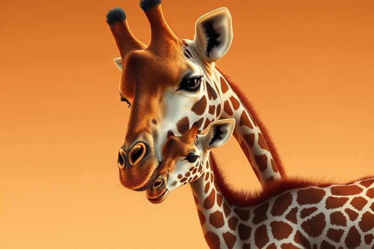 create a digital illustration of a mother giraffe and her calf, focus on detailed textures and warm colors, use a shallow depth of field, shot with a Canon EOS R5 at f/2.8, ISO 100, 50mm lens, soft light for enhanced quality, ensure a smooth background for contrast.
