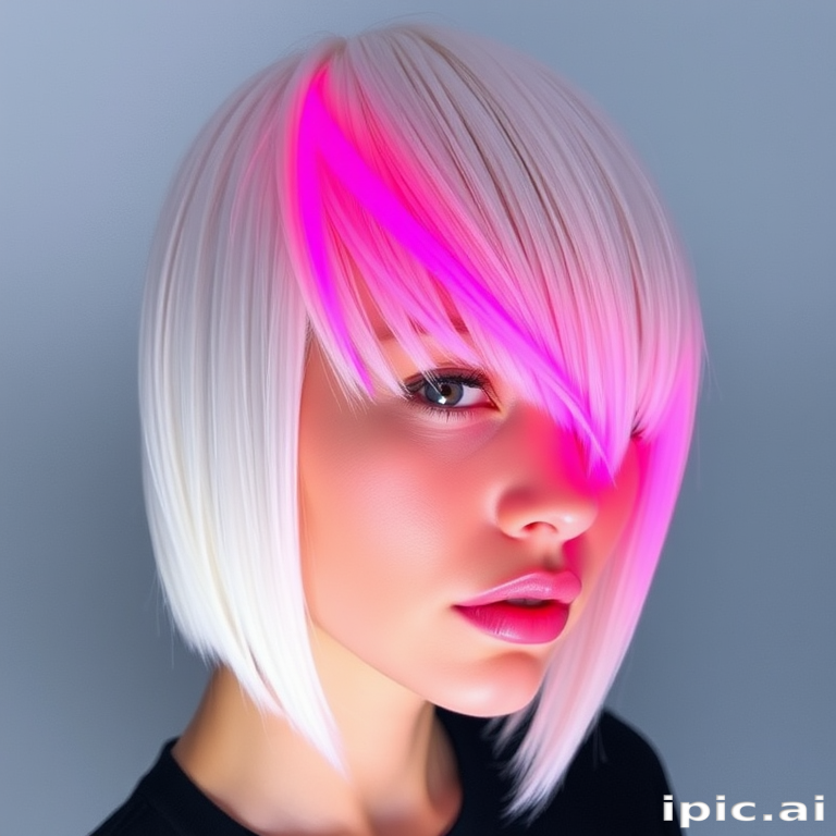 Sleek platinum blonde bob with razor-sharp edges and a single neon pink streak running asymmetrically through the fringe, exuding futuristic chic energy known as Cyber Frost