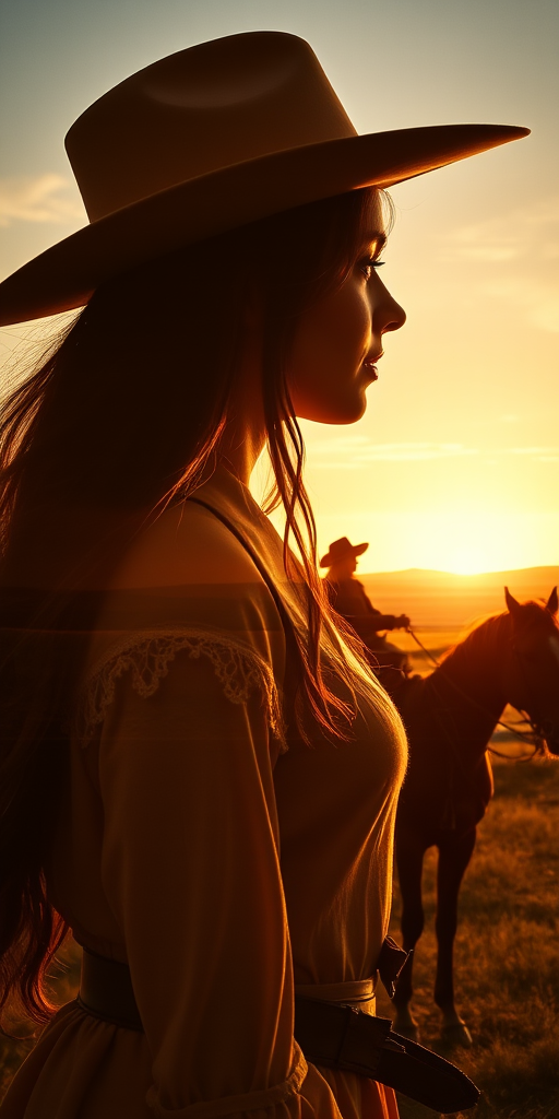 "Create a Double exposure", a silhouette "profile portrait of a young cowgirl" with long hair "superimposed" against a long shot of a cowgirl riding a horse across the plains, fantastic view, 32k, cinematic, hyper-realistic.