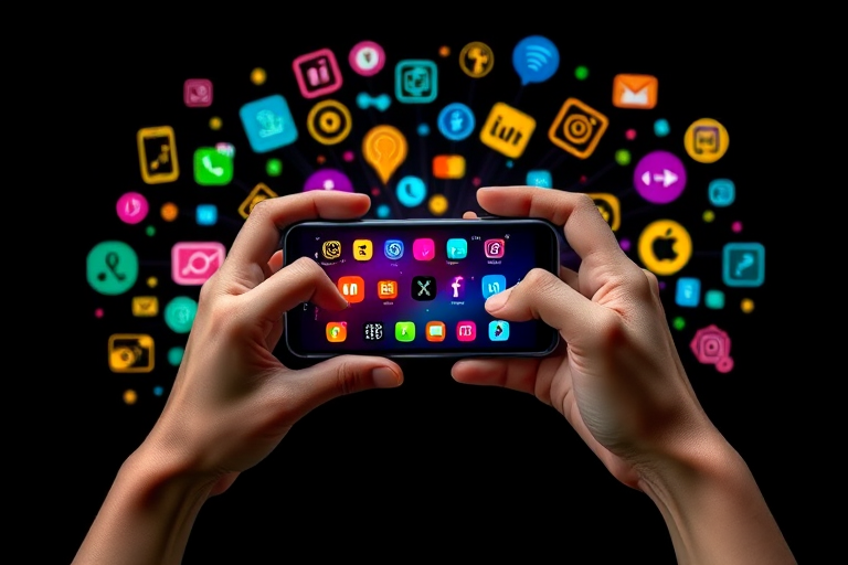 Create a vibrant image of a smartphone in two hands surrounded by colorful digital icons representing various apps and technologies, using a Canon EOS R5 camera with a 50mm lens, aperture f/1.8, ISO 100, and a slight vignette effect for depth, shot at eye level with a black background.