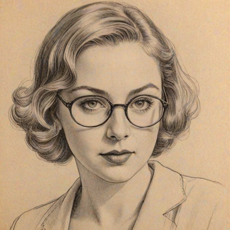 Fascinating Charlotte Church, pencil sketch, portrait of Beauteous woman 1936s in glasses, hair style beatnik, outline, clear lines, fine lines, 8k