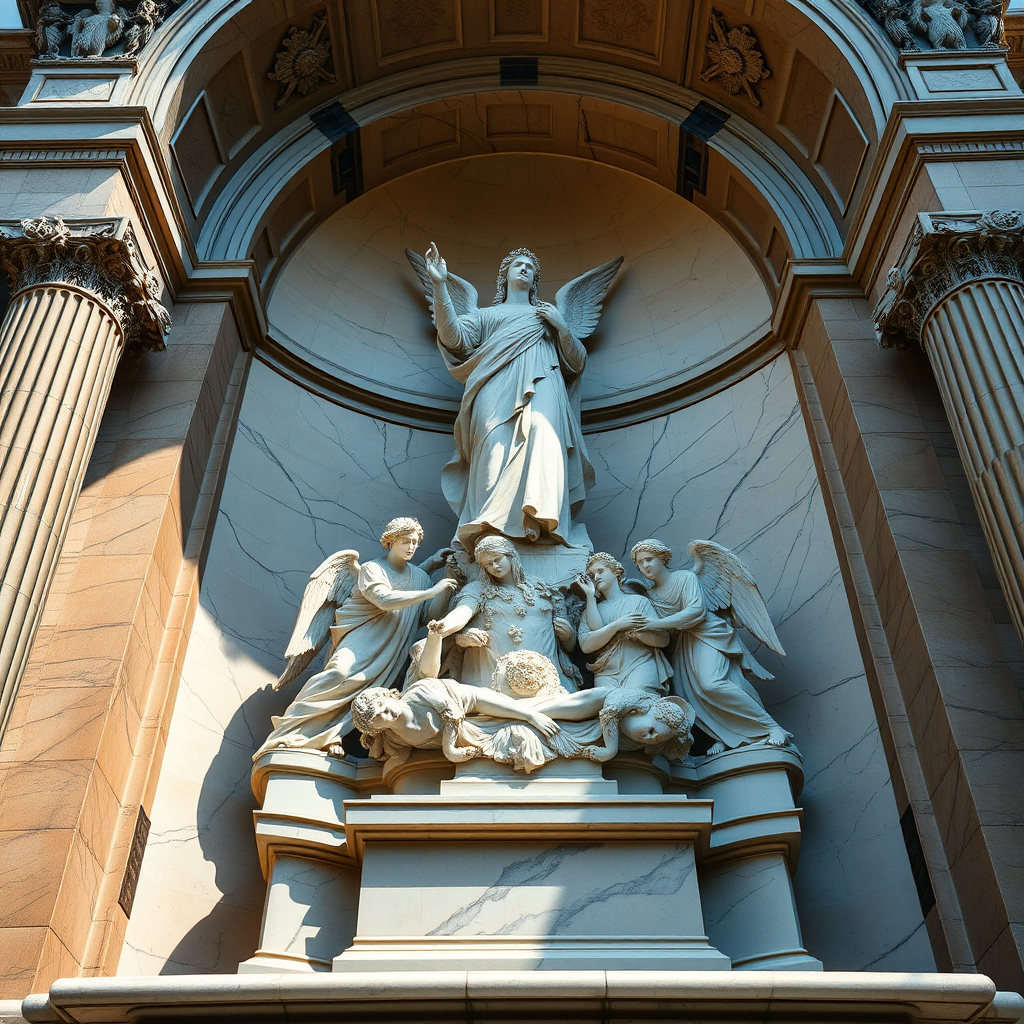 high-resolution image of a grand marble sculpture depicting the ascension of a figure surrounded by angels, taken from a low angle at f/8 aperture, ISO 100, 1/60 sec exposure, using a DSLR camera with a wide-angle lens in natural lighting to enhance image quality