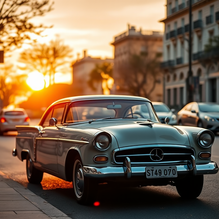 Generate a high-resolution image of a classic car parked on a city street at sunset with soft lighting, camera settings 50mm f/1.8 aperture, ISO 200, shutter speed 1/200 sec, taken with a DSLR camera in portrait view for enhanced detail and clarity.