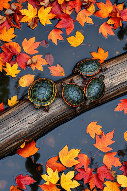 turtles basking on a log in a pond surrounded by autumn leaves, vibrant colors, macro lens, aperture f/2.8, shutter speed 1/125s, ISO 200, taken from above with a DSLR camera for enhanced detail and clarity