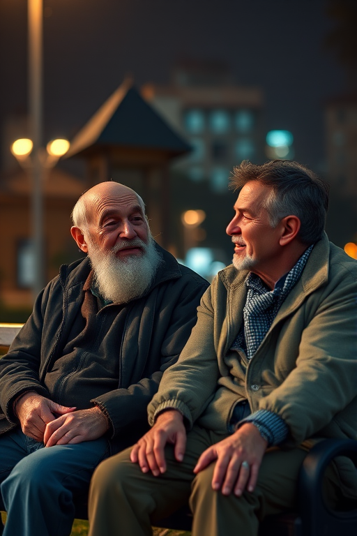 Create a high-resolution night scene image of two men sitting on a park bench, one elderly with a beard and worn clothing, the other with an unkempt appearance, engaging in a heartfelt conversation while city lights blur softly in the background, using a Canon EOS R5 with a 50mm f/1.2 lens, aperture set to f/1.8 for shallow depth of field, ISO 800 for low light conditions, and a shutter speed of 1/60s to capture detail without motion blur.