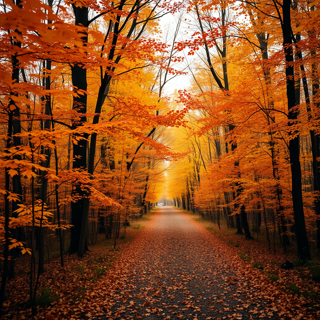 autumn forest path with vibrant orange and yellow leaves, soft natural light, shallow depth of field, taken with a Canon EOS R5, 85mm lens, f/1.8 aperture, ISO 100, 1/200 sec, capturing the rich textures and colors of fall foliage