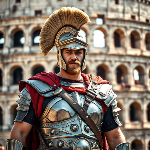 Generate an image of a male warrior in historical armor, standing confidently in front of the Colosseum, shot with a DSLR camera at f/2.8 aperture, ISO 100, using a 50mm lens with natural lighting to enhance detail and vibrancy.