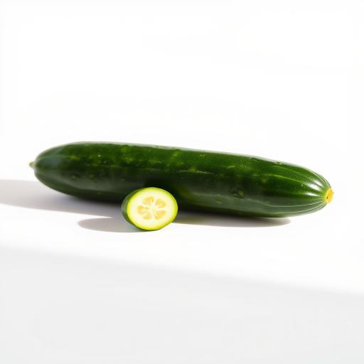 Render a realistic cucumber on a white background, using a DSLR camera with a 50mm lens, aperture set to f/2.8, ISO 100, and a shallow depth of field to enhance texture and detail, with soft natural lighting from the side.