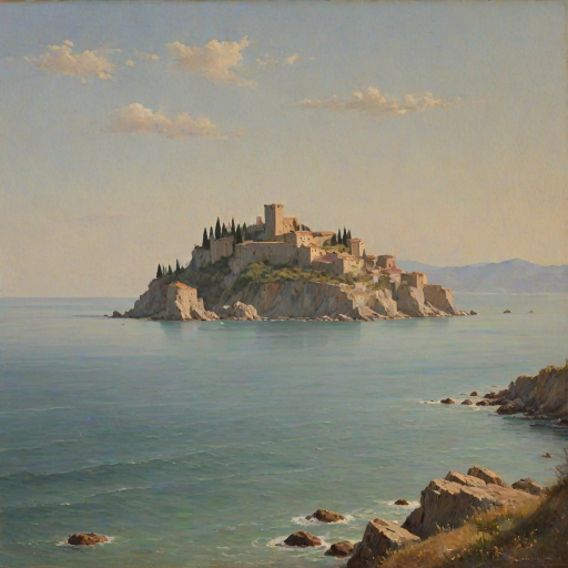 (italian seascape,sea),distant small mediaval italian castle,soft colours,