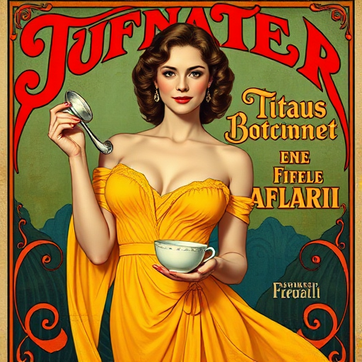 Regenerate a vibrant art nouveau poster featuring a woman in a yellow dress holding a spoon and cup, set against a colorful background with swirling text, shot with a Canon EOS R5, 50mm lens, f/1.8, ISO 100, in natural light to enhance colors and sharpness.