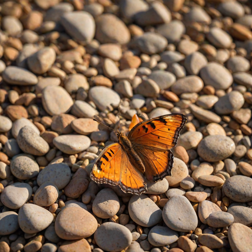 A vibrant orange and yellow butterfly with black markings is perched on a bed of small, brown pebbles in the warm, golden light of a setting sun. The butterfly is facing the viewer with its wings slightly raised, creating a sense of delicate movement. The background is a soft, blurred green and yellow, creating a gentle, natural atmosphere. The image is captured in a close-up perspective, focusing on the butterfly's intricate details and the warm glow of the sunlight.