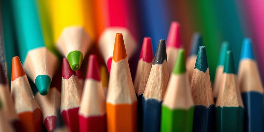 Close-up shot of a vibrant array of sharpened colored pencils with a shallow depth of field, f/2.8 aperture, 50mm lens, ISO 100, natural lighting, macro photography, DSLR camera.