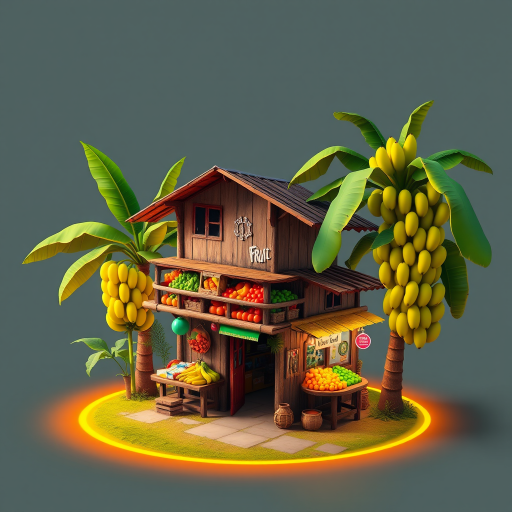 A vibrant tropical fruit market with a small, two-story building. A large banana tree stands nearby, with the fruit displayed on the balcony. The ground is surrounded by a glowing orange and yellow ring