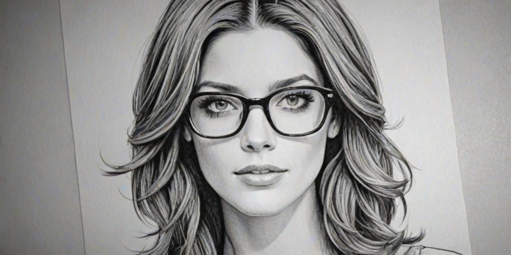 Dazzling Ashley Greene, pencil sketch, portrait of Lovely woman 1973s in glasses, hair style beatnik, outline, clear lines, fine lines, 8k