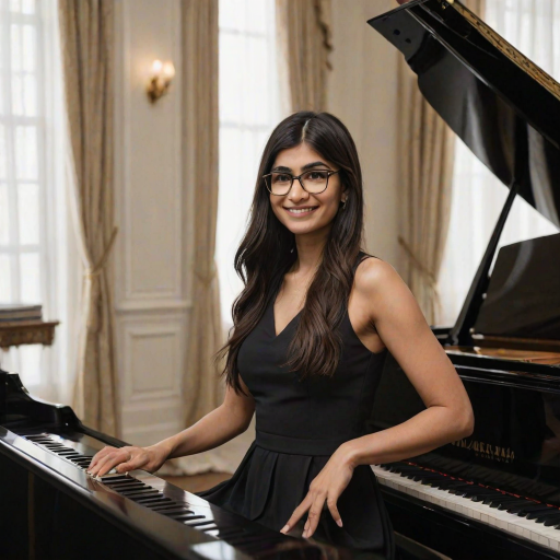 A mia khalifa with long, dark hair smiles at the viewer as she sits at a grand piano, her right hand poised over the keys. The scene is lit by warm, natural light, highlighting the elegant simplicity of the woman's black dress. The perspective is from the side, emphasizing the contrast between the woman's delicate form and the grand scale of the piano. The ivory keys and dark wood of the piano create a striking visual contrast, further emphasized by the rich black of her dress.