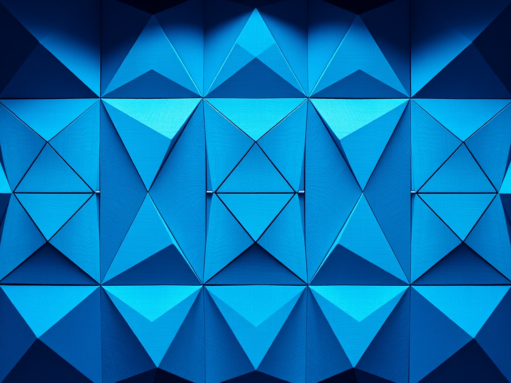Create a vibrant geometric pattern with various shades of blue triangles, shot with a Canon EOS R5 at f/8, ISO 100, and a 35mm lens in a top-down view for enhanced depth and clarity.