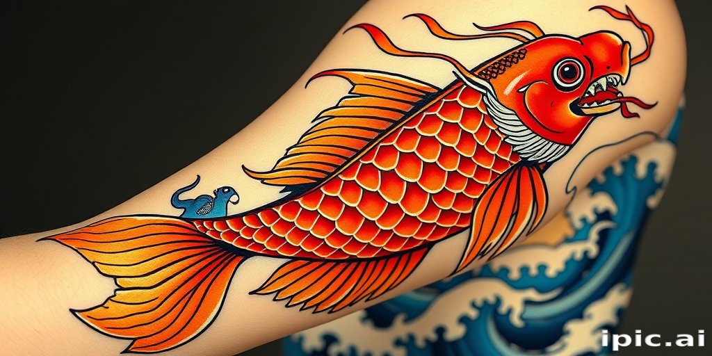 Japanese-style koi fish swimming up arm, transforming into dragon at shoulder, vibrant oranges and reds with blue wave accents
