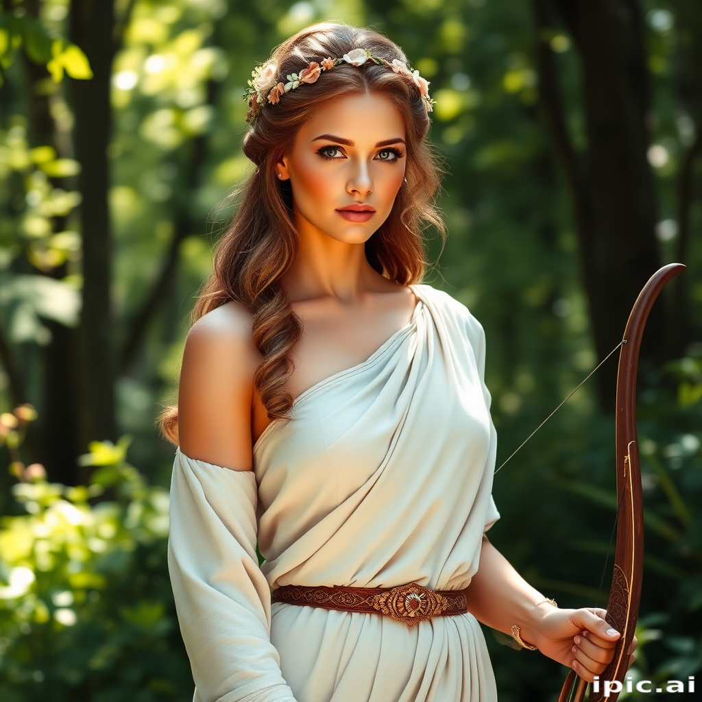 Create a portrait of a goddess-like female figure in a tranquil, forested environment. She has an elegant appearance with long, wavy hair styled in an updo and adorned with a delicate, floral headband. She wears a flowing, ancient Greek-inspired gown in a soft, pale color, featuring a one-shoulder design and draped fabric that accentuates her graceful form. The outfit includes a decorative belt with ornate gold detailing, and she holds a bow in her hand, with a quiver of arrows slung over her shoulder. The background depicts lush greenery, with sunlight filtering through the trees, casting a gentle, ethereal light on the scene. Her expression is calm and contemplative, embodying a sense of wisdom and serenity.