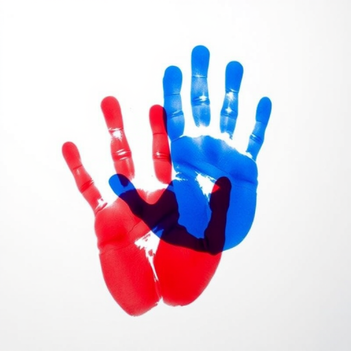 Create a vibrant abstract image of two overlapping handprints in blue and red on a white background, using a DSLR camera with a 50mm lens at f/2.8, low ISO setting of 100, and a slight vignette effect for depth.