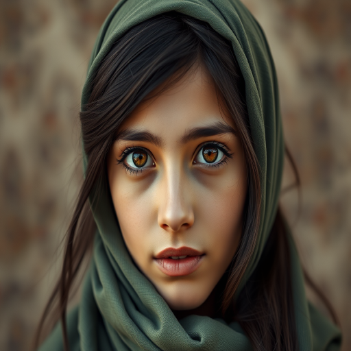 Create a portrait of a young Middle Eastern woman with long, dark hair and captivating hazel eyes. She is wearing a green headscarf and a matching scarf draped gracefully around her neck. The background is softly blurred, focusing attention on her serene and natural expression. The overall color palette is muted and warm, enhancing the intimate and authentic feel of the portrait.