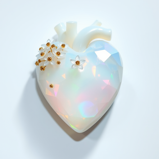 a human heart made of facet cut opal crystal, decorated with small crystal flowers, pastel colors, fine subtle gold details, white background, small drop shadow, beautiful light incidence, prism.