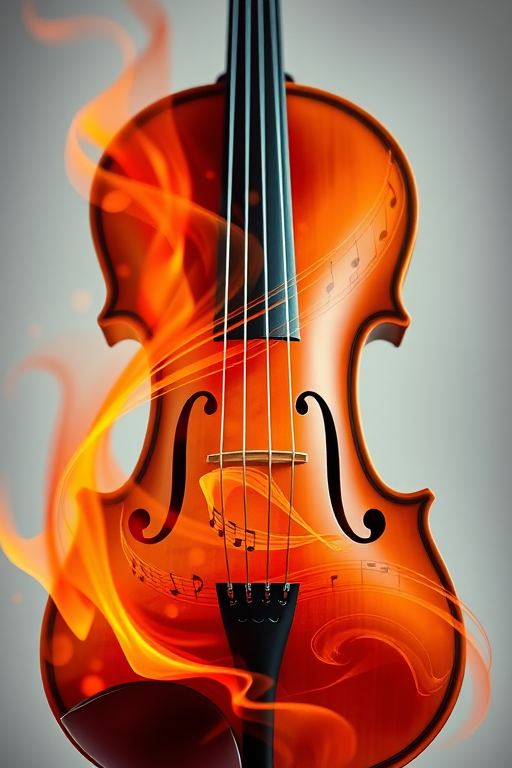 Create an abstract image of a violin with swirling orange and yellow tones, featuring musical notes and a soft glow, taken with a DSLR camera at f/2.8, 50mm lens, ISO 100, in a well-lit studio environment, with a shallow depth of field.