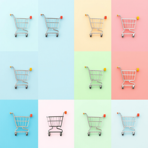 Create a high-resolution image of various shopping cart icons with different color backgrounds, using a 50mm lens, f/8 aperture, ISO 100, natural light, and a clean, minimalistic layout.