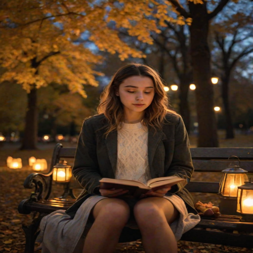 Softly focused image of a young woman sitting on a park bench at twilight, surrounded by soft golden light from nearby lanterns, with autumn leaves gently falling around her and a book open in her lap.