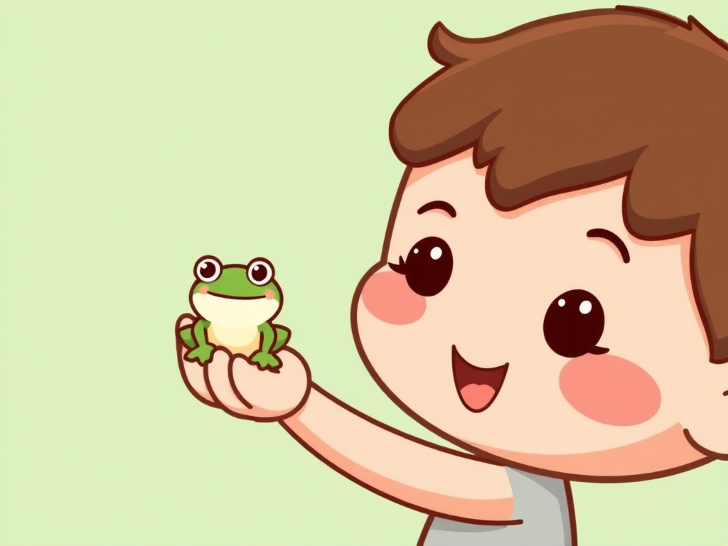 Cute cartoon character holding a small frog with a frog hat on its head against a light green background, simple and playful style.