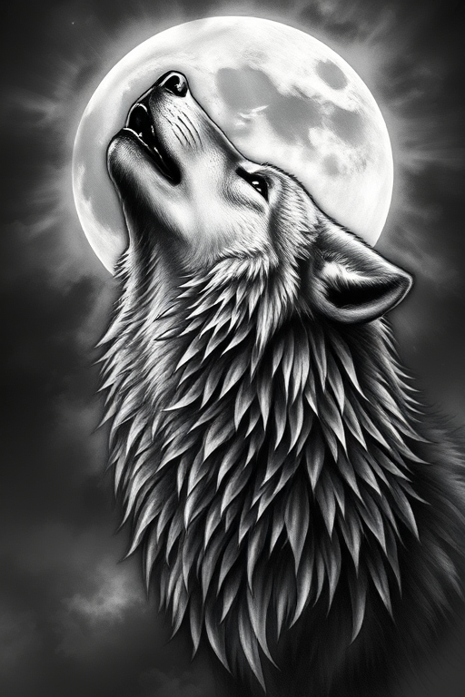 Realistic black and gray tattoo of a majestic wolf howling at the moon, showcasing incredible detail in fur texture and piercing eyes, with smoky background effects for added atmosphere