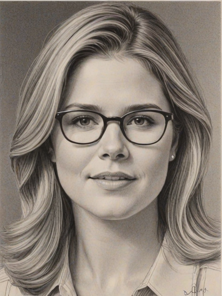 Resplendent Jenna Bush Hager, pencil sketch, portrait of Enchanting woman 1975s in glasses, hair style beatnik, outline, clear lines, fine lines, 8k