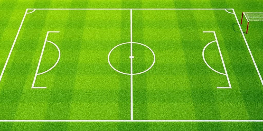 Create a high-resolution digital illustration of a soccer field viewed from a slight aerial angle, with vibrant green grass and clear white lines, using a 50mm lens, f/8 aperture, ISO 100, and a DSLR camera style.