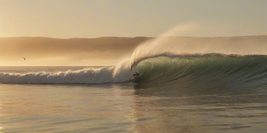 Blurry action shot of a surfer riding a massive wave at sunrise, water spraying into the air, with soft golden light reflecting off the ocean and seagulls flying overhead.
