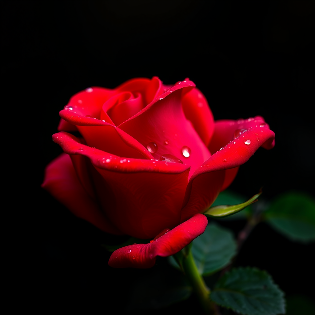 Create a digital artwork of a close-up shot of a vibrant red rose, with water droplets on its petals, set against a dark, blurred background.