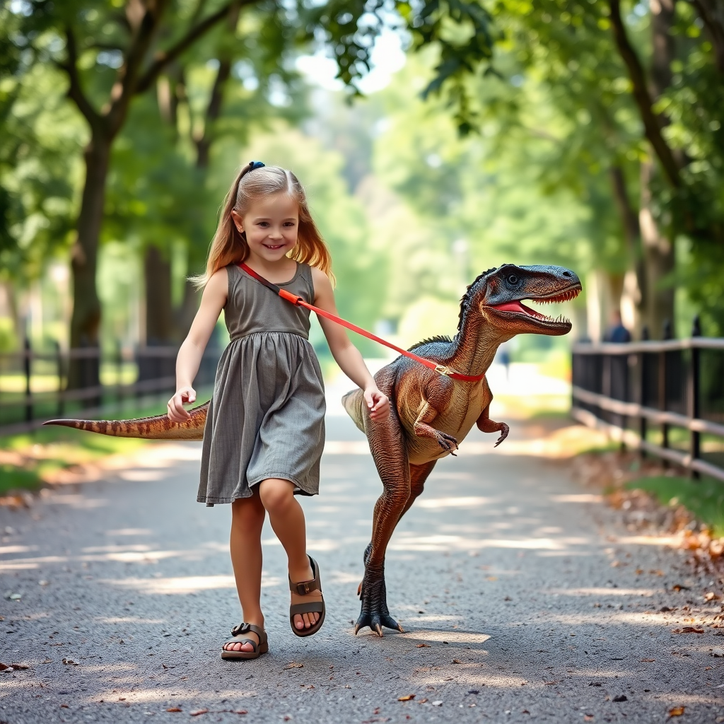 12 year old girl in a dress walking her pet Velociraptor on a leash through a park
