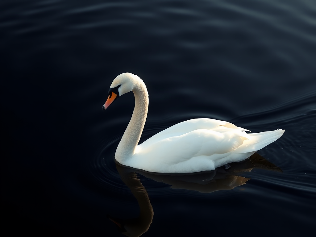a serene white swan gliding on dark water, reflecting perfectly, taken with a Canon EOS 5D Mark IV at f/4, 1/250s, ISO 400, focused on subject with a shallow depth of field, shot in natural light for enhanced image quality