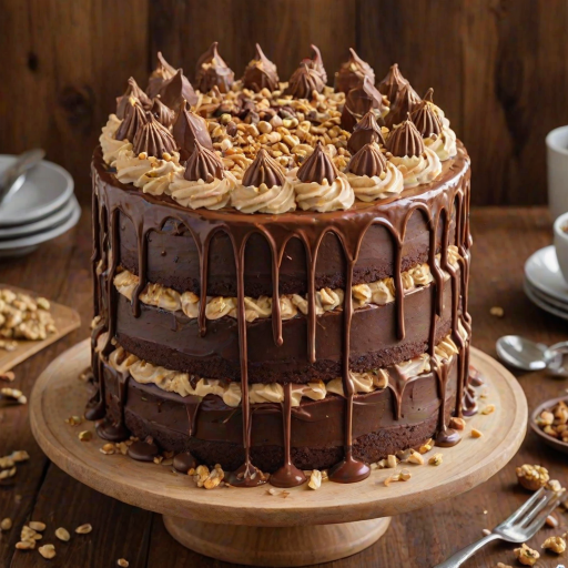 Create a delicious multi-layered cake with a smooth buttercream frosting. The cake should feature a rich chocolate ganache drip along the edges, topped with swirls of creamy frosting and pieces of peanut butter cups. Garnish with crushed nuts and chocolate shavings for added texture. Place the cake on a rustic cake stand with a wooden background for a warm presentation.