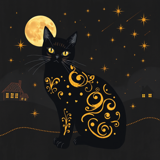 a stylized black cat with iridescent golden arabesques all over its body, on a grungy smoky black background with matching celestial designs, a full moon with silhouettes of lit houses, bright shooting stars, dazzling, magical BG, reminiscent of Christmas wonderland