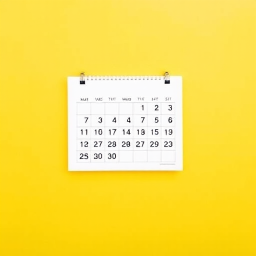 Create a minimalist calendar on a vibrant yellow background, using a DSLR camera with a 50mm lens, aperture f/2.8, ISO 100, and focus on the calendar to enhance clarity and detail.