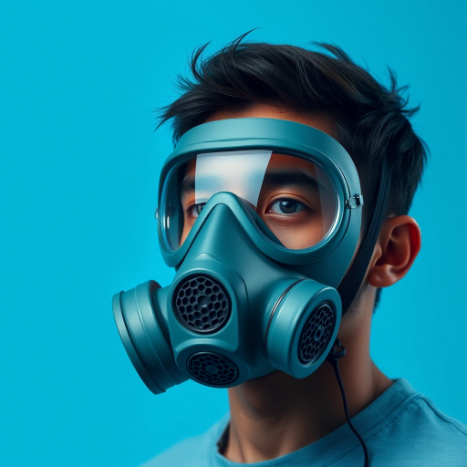Create a high-resolution digital illustration of a person wearing a gas mask with a blue background, using a Canon EOS R5 with a 50mm lens at f/1.8, ISO 100, 1/200s, shot in portrait view, utilizing soft diffused lighting for enhanced detail and clarity.