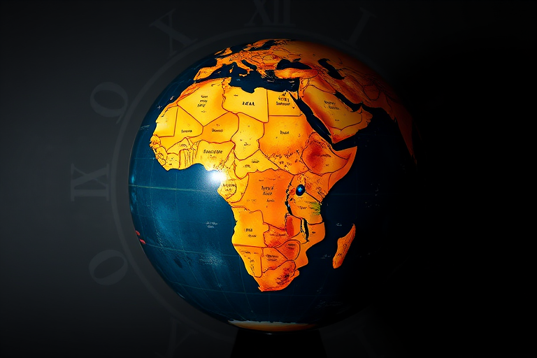 Create a high-resolution image of a globe featuring Africa prominently, set against a dark background with a clock face design around the edges, using a DSLR camera with a 50mm lens, aperture f/2.8, ISO 100, and a low-angle view to enhance depth and detail.