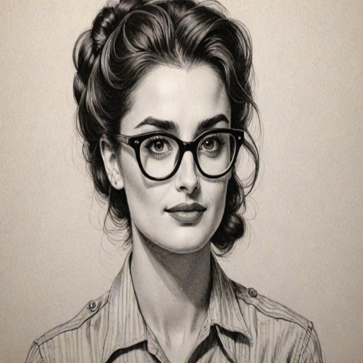 Magnificent Pen'lope Cruz, pencil sketch, portrait of Splendid woman 1940s in glasses, hair style beatnik, outline, clear lines, fine lines, 8k