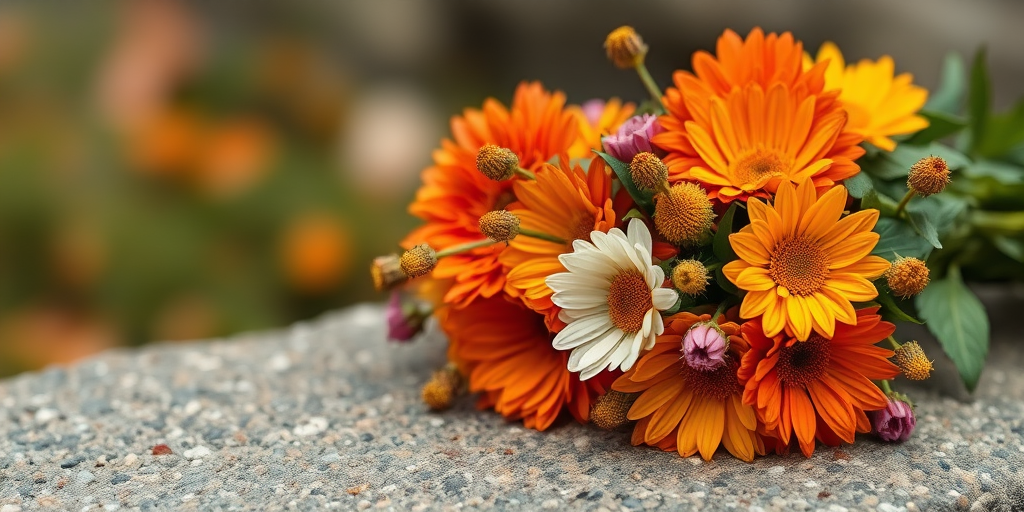 Macro shot of a vibrant bouquet of flowers in warm autumn colors resting on a textured stone surface, with a shallow depth of field, f/2.8 aperture, 50mm lens, ISO 100, natural light for soft bokeh.
