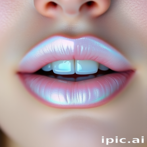 Iridescent pearl lips with a delicate, opalescent sheen, resembling the inside of a seashell for an ethereal, mermaid-inspired look