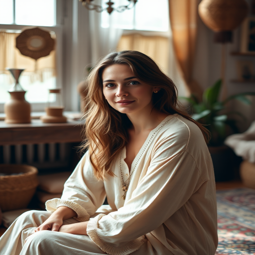 Portrait of a woman sitting in a bohemian-style room with natural light, soft focus, aperture f/2.8, shutter speed 1/125s, ISO 100, shot with a DSLR camera, 50mm lens, warm color tones.