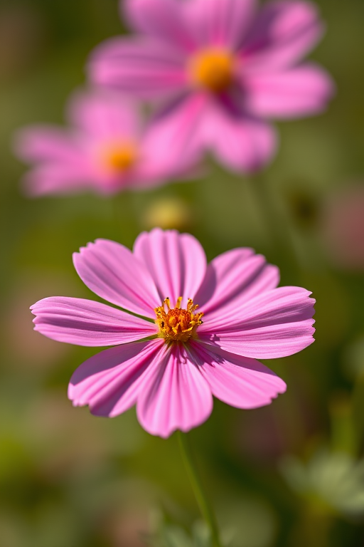 Capture a close-up of a pink cosmos flower with a shallow depth of field, f/2.8 aperture, ISO 100, 85mm lens, natural lighting, with a soft bokeh background, using a DSLR camera.