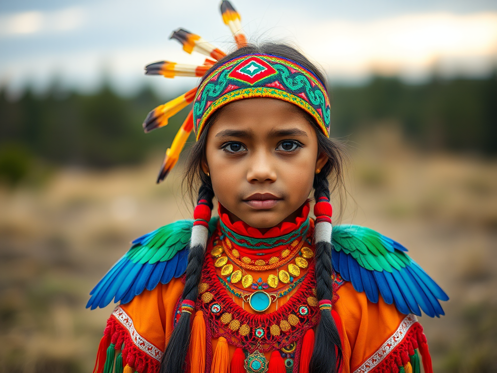 A beautiful Native American girl, wearing colorful bird clothing with vibrant colors