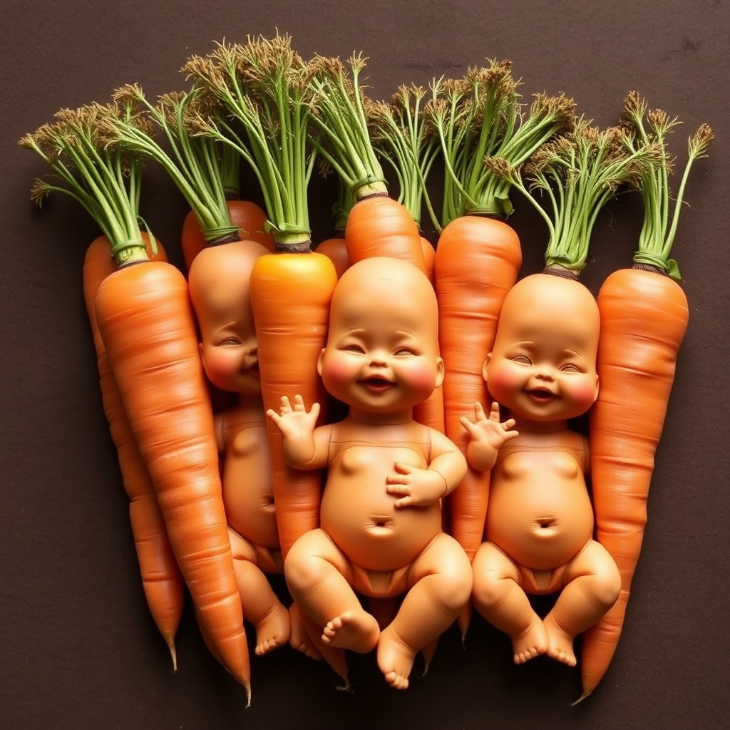 A bunch of carrots in the form of anthropomorphic babies.
